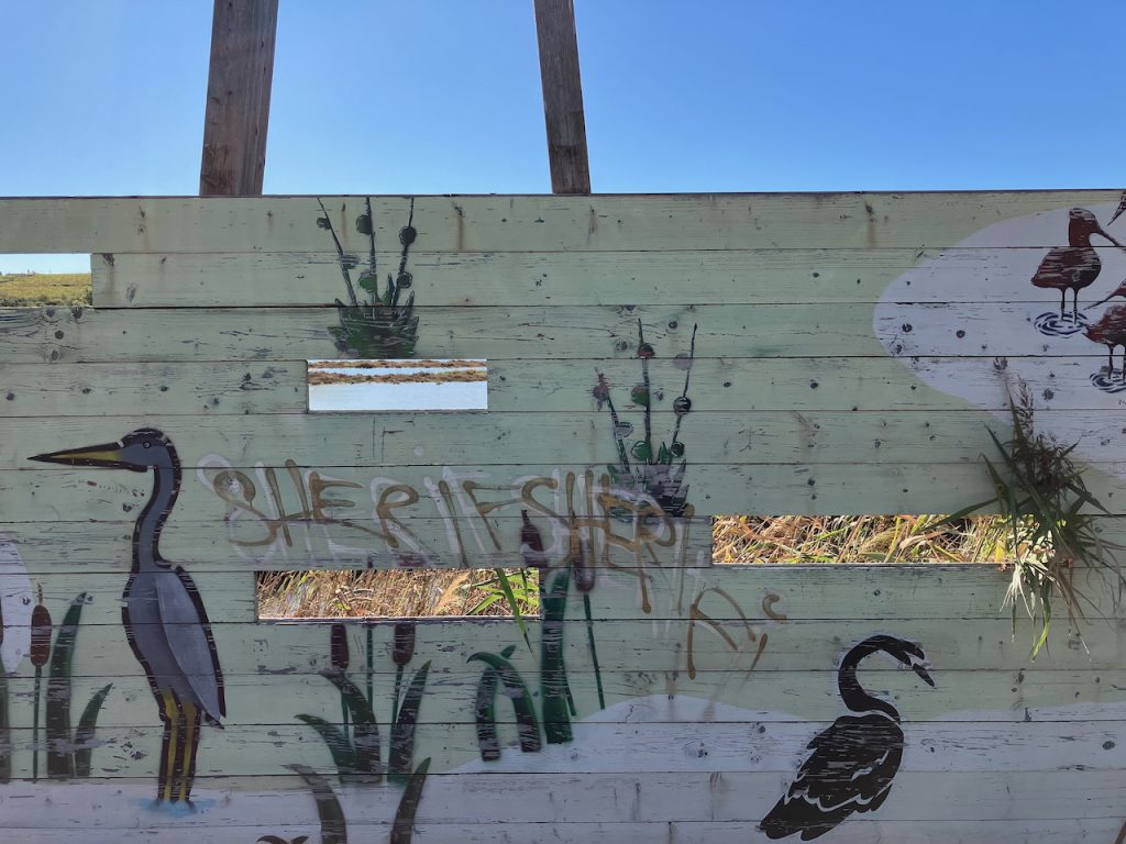 Schutzwand vor dem Naturschutzgebiet Koper. Die Wand ist aus Holz und es sind dort Vögel und Pflanzen drauf gemalt.
Es gibt Sichtschlitze, durch die man das Naturschutzgebiet anschauen kann.