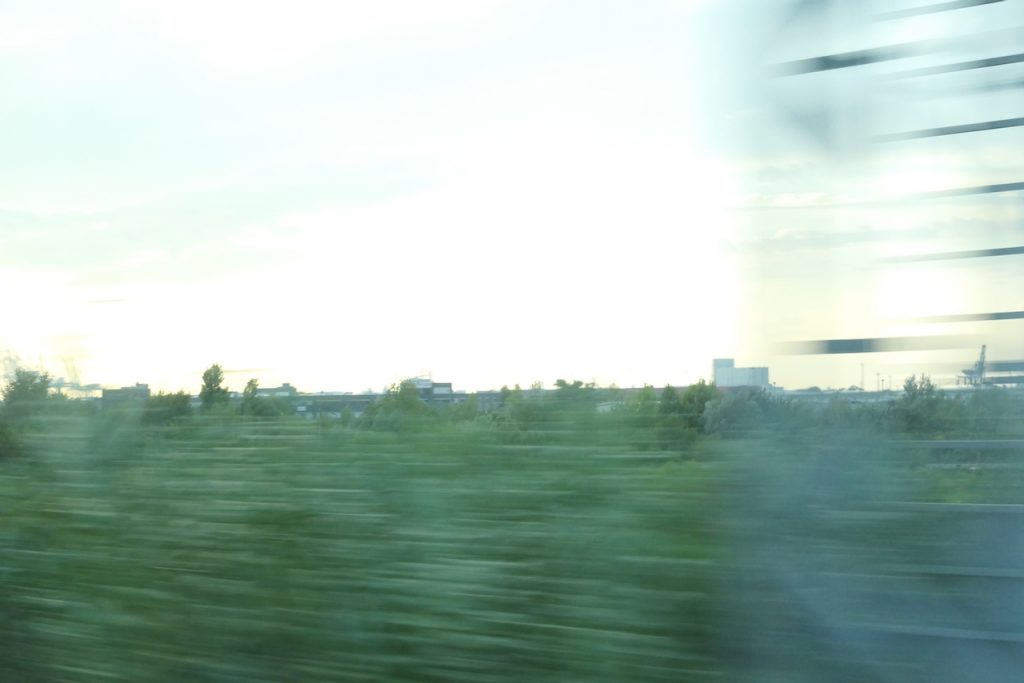 Blick aus dem Fenster des Busses. Die grüne Landschaft ist verwischt.