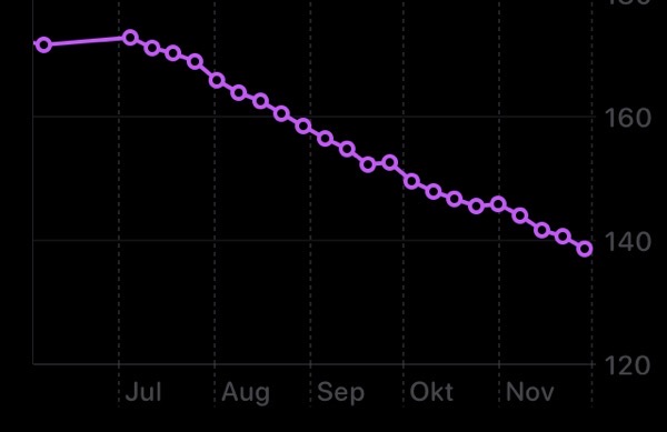 Gewichtskurve Juli bis November. Start: Ca. 172 kg und Ende 138 kg.