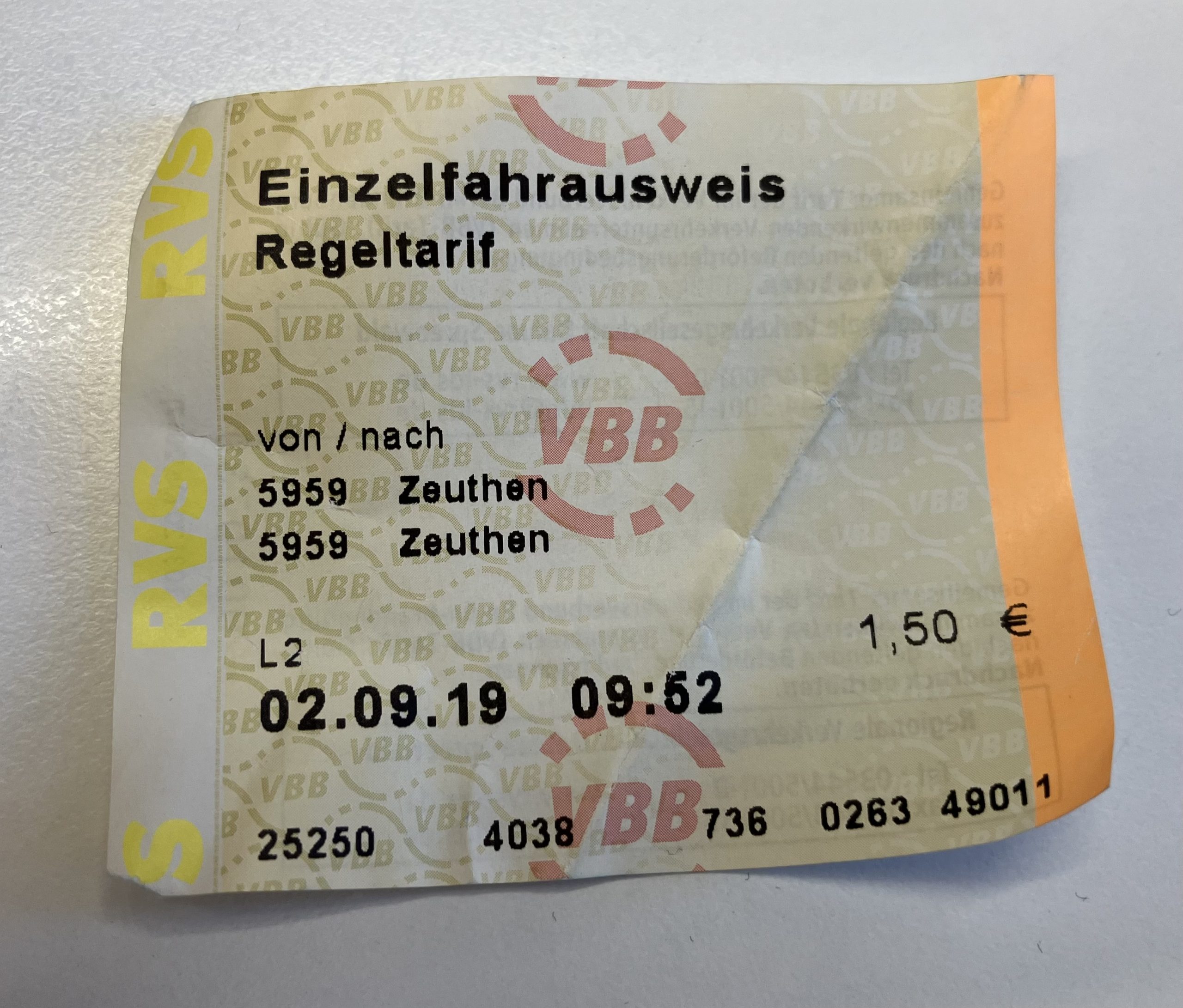 Nahverkehrsticket VBB 2019 Zeuthen
