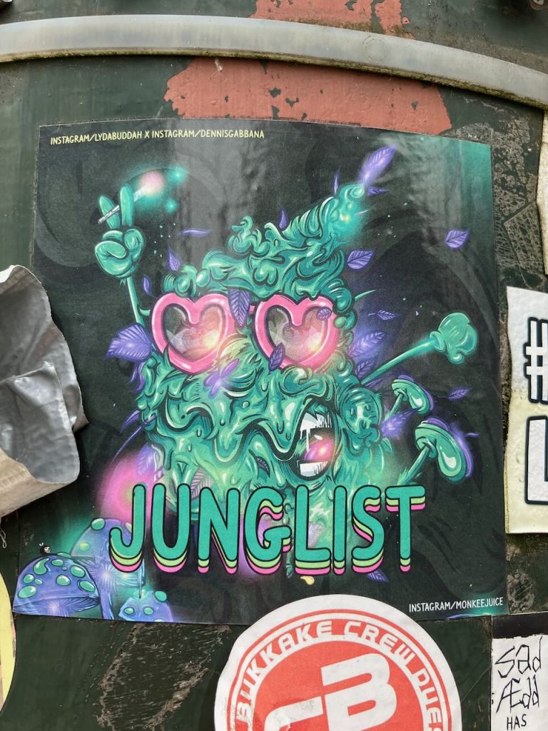 Titel: Bunter Dschungelkopf mit Herzbrille
Bildbeschreibung: Ein bunter, comicartiger Kopf aus grünen Pflanzen mit pinken Herz-Sonnenbrillen, umgeben von lila Blättern und Pilzen. Der Kopf hält eine Zigarette und hat einen offenen Mund mit sichtbaren Zähnen. Im unteren Bereich steht groß das Wort „JUNGLIST“.