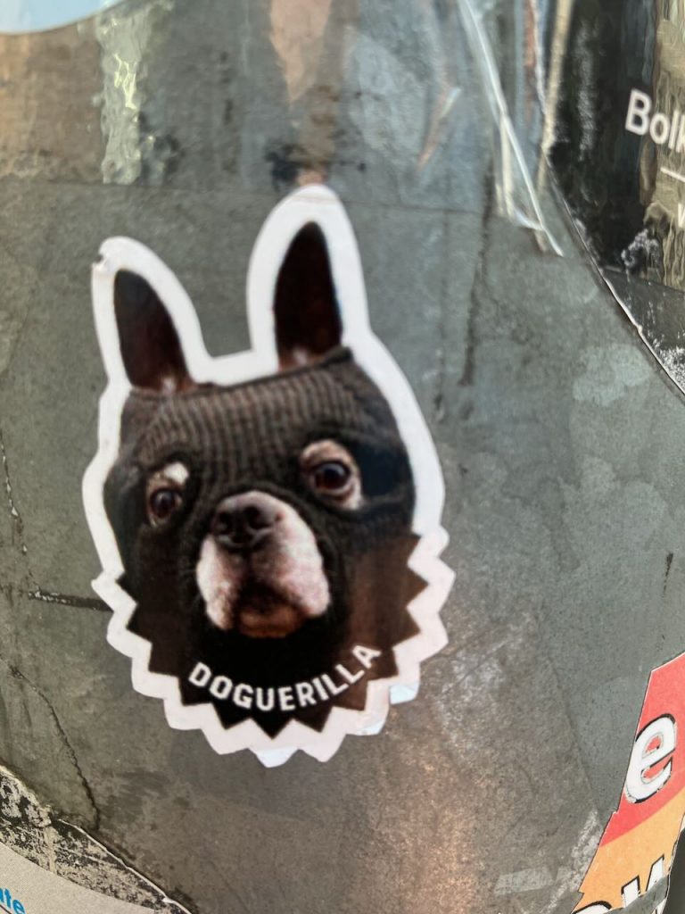 Aufkleber mit dem Foto eines Hundekopfs, der eine schwarze Strickmaske mit zwei Ohrausschnitten trägt. Unter dem Hundekopf steht in weißen Großbuchstaben das Wort „DOGUERILLA“. Der Aufkleber hat einen gezackten weißen Rand.