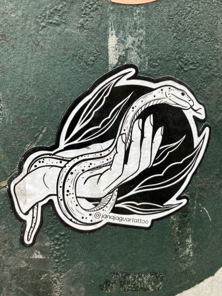 Titel: Hand mit Schlange und Blättern
Bildbeschreibung: Schwarze und weiße Zeichnung eines Aufklebers. Eine menschliche Hand hält eine lange, schlanke Schlange. Im Hintergrund sind stilisierte Blätter und ein schwarzer Kreis zu sehen. Unten steht der Schriftzug “@janajaguartattoo”.