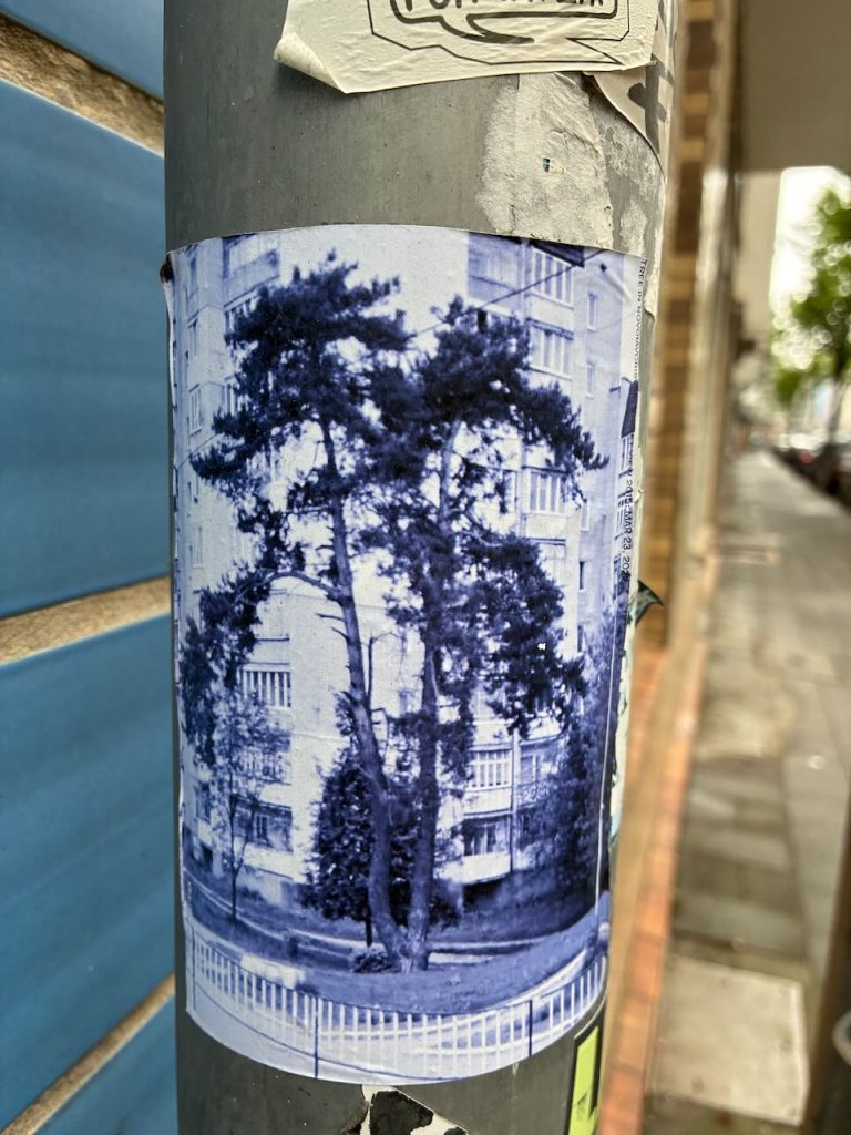 Schwarz-weißer Sticker mit einem Foto: Im Vordergrund stehen zwei große Bäume, im Hintergrund ein mehrstöckiges Wohnhaus mit Balkonen und Fenstern.