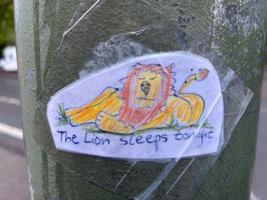Handgemalter Sticker eines liegenden, schlafenden Löwen mit orangener Mähne auf grünem Gras. Darunter steht: „The Lion sleeps tonight“.