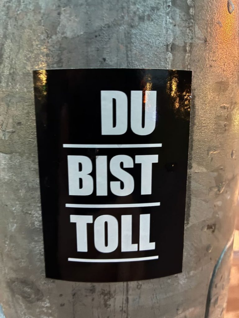 Schwarzer Sticker mit weißer, fetter Schrift: „DU BIST TOLL“. Die Worte sind durch weiße Linien getrennt.