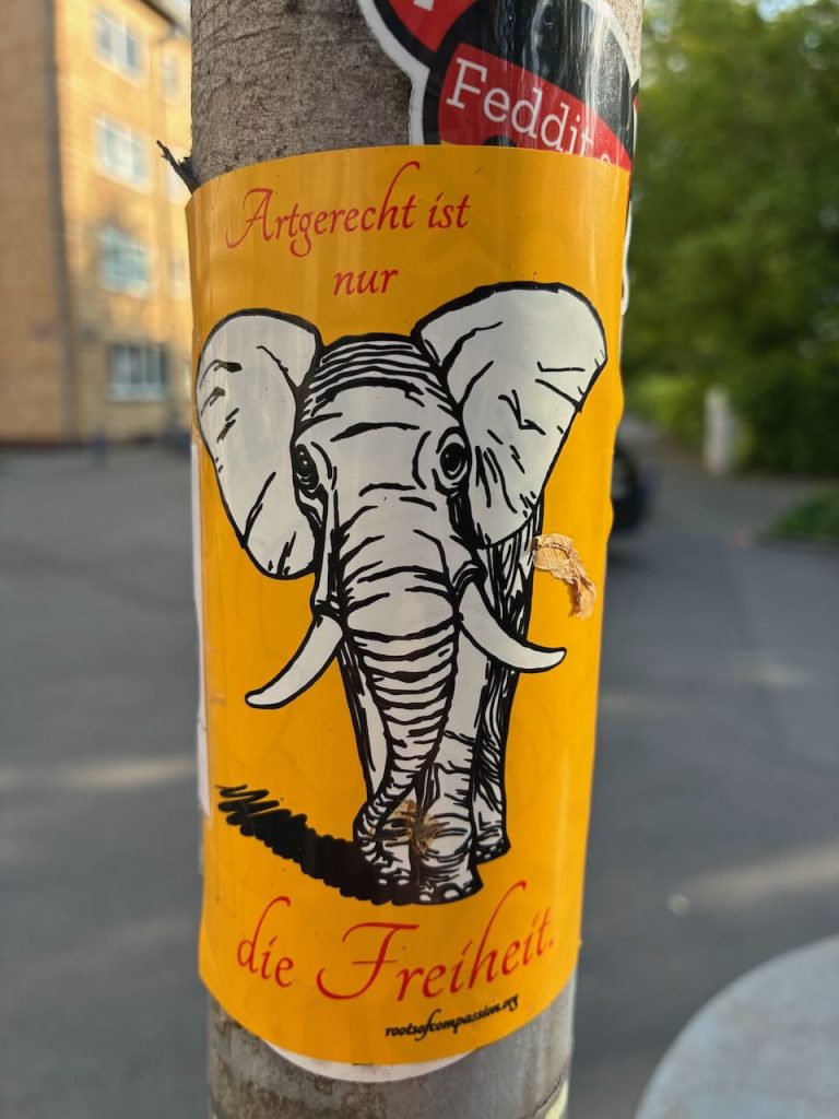Ein gelber Sticker mit einem gezeichneten Elefanten. Darüber steht „Artgerecht ist nur“, darunter „die Freiheit“. Im Hintergrund ist eine Straße und grüne Bäume.